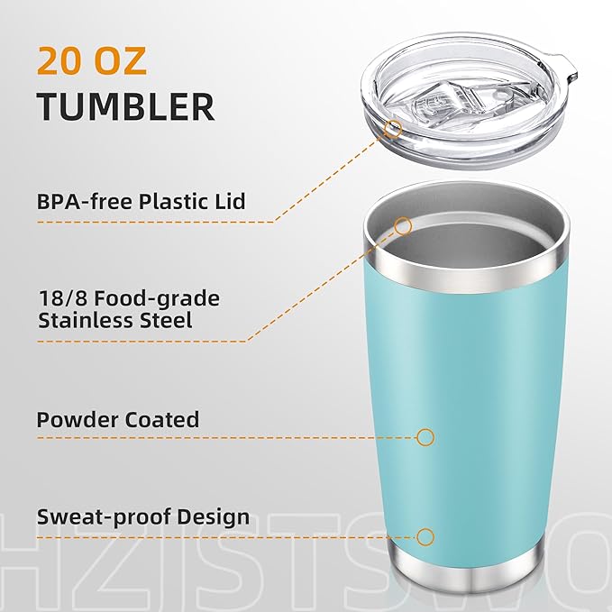 20 oz Tumbler Bulk with Lid Stainless Steel Insulated Tumblers Double Wall Vacuum Coffee Mug Powder Coated Tumbler Cups for Cold and Hot Drinks, Sky Blue, 12 pack