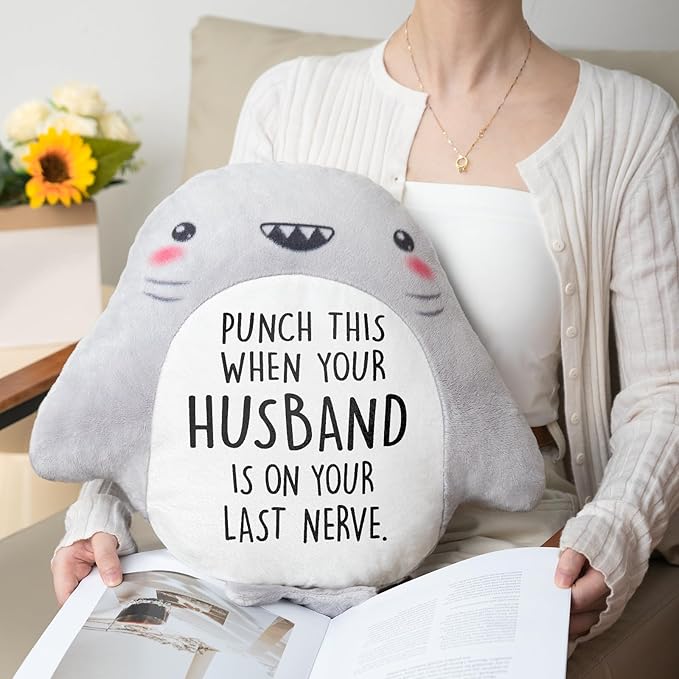Valentines Day Gifts for Wife- Cute Shark Pillow- Wife Anniversary Birthday Gifts from Husband, Birthday/Bridal Shower Friend Gift for Women, Gag/White Elephant Gift for Adults, 15”×15”