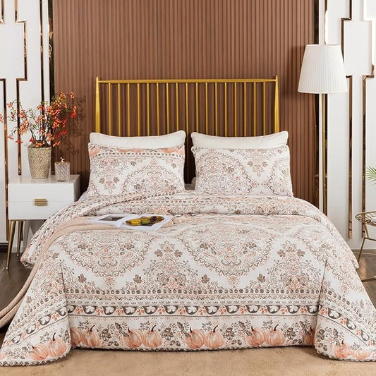 CLOTHKNOW Brown Floral Queen Comforter Set Botanical Bedding Comforter Sets Boho Comforter Pumpkin Comforter Queen with 2 x Pillow Cases