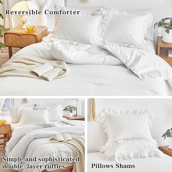 White Ruffle Comforter Set Full/Queen Size, 3-Piece (1 Ruffled Comforter and 2 Pillowcases) Farmhouse Shabby Chic Style with 2 Layers Ruffle, Solid Color Lightweight Fluffy Bedding Sets for All Season