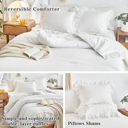 White Ruffle Comforter Set Full/Queen Size, 3-Piece (1 Ruffled Comforter and 2 Pillowcases) Farmhouse Shabby Chic Style with 2 Layers Ruffle, Solid Color Lightweight Fluffy Bedding Sets for All Season