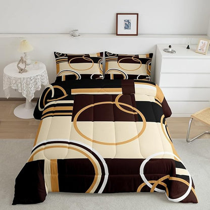Erosebridal Modern Geometric Comforter Set Queen Size Brown Black Stripes Down Comforter for Kids Adult Retro Circle Swirls Bedding Set Bedroom Decor Abstract Texture Color Art Comforter