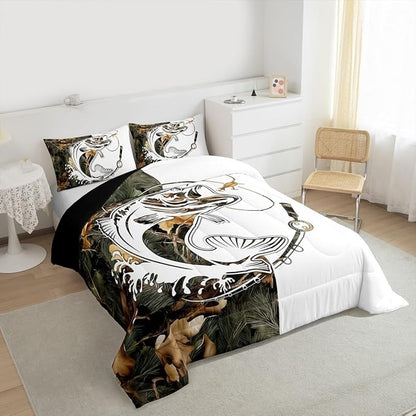 Erosebridal Camo Fishing King Bedding Set - Big Bass Pike Fish Comforter Set for Boys Kids Men | Rustic Cabin Farmhouse Quilt | Camouflage Hunting Bedroom Decor with 2 Pillowcases