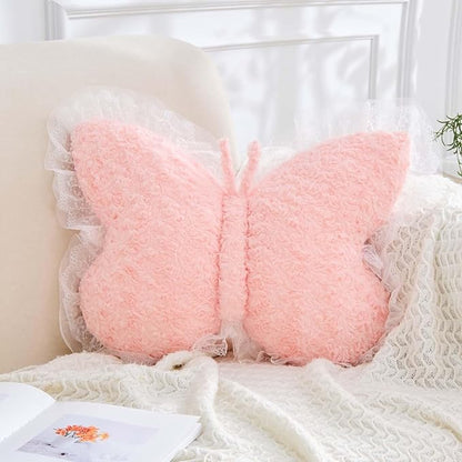Butterfly Pillow Pink Decorative Pillows 15" Butterfly Shaped Cute Throw Pillows with Lace Aesthetic Bow Plush Cushion for Room Decor Bed Sofa Couch