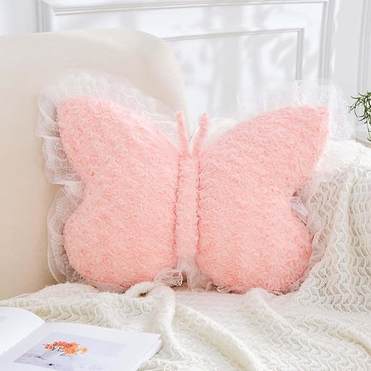 Butterfly Pillow Pink Decorative Pillows 20" Butterfly Shaped Cute Throw Pillows with Lace Aesthetic Bow Plush Cushion for Room Decor Bed Sofa Couch