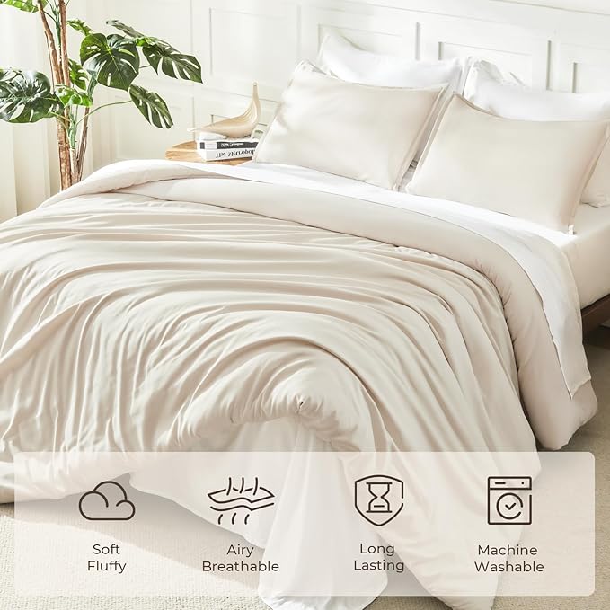 Litanika Comforter King Size Beige, 3 Pieces Lightweight Bedding Comforter Set, Down Alternative Comforter All Season Fluffy Bed Set Gift Choice