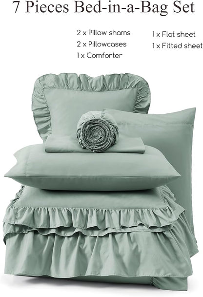 Full Comforter Set Sage Green, Ruffle Shabby Chic Bedding Set Farmhouse 7 Pieces, All Season Fluffy Bed in a Bag with Sheets, Pillowcases & Shams