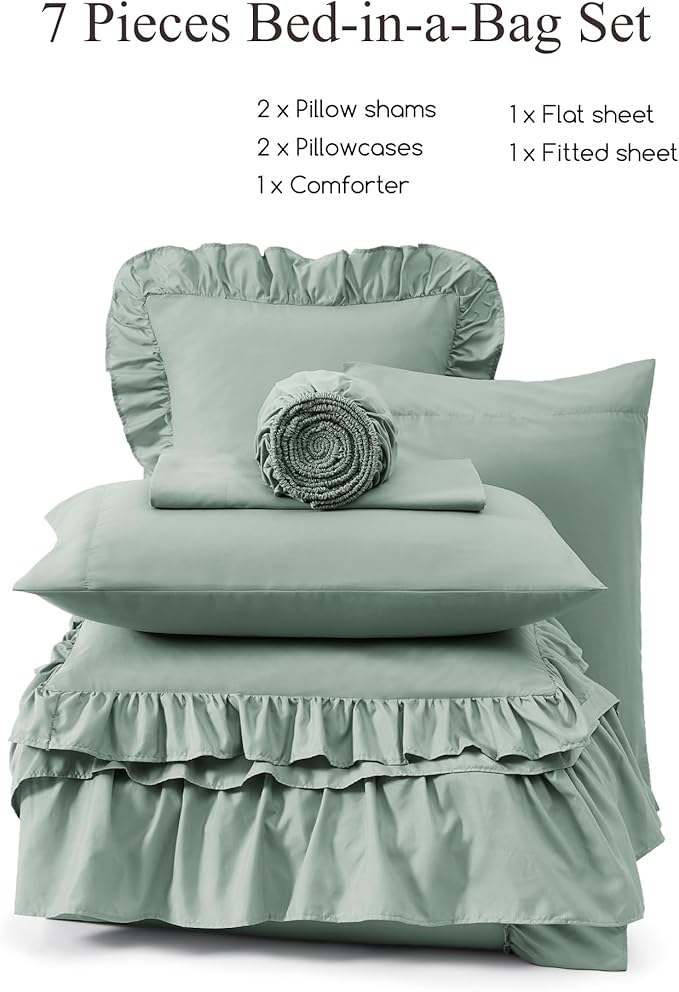 King Size Comforter Set Sage Green, Ruffle Shabby Chic Bedding Set Farmhouse 7 Pieces, All Season Fluffy Bed in a Bag with Sheets, Pillowcases & Shams
