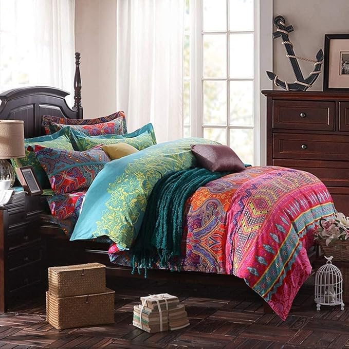 Boho Full Size Comforter Set Soft Chic Boho Comforter Set 3 Pieces Lightweight Exotic Yellow Orange Bohemian Mandala Colorful Retro 1 Boho Comforter and 2 Pillowcases for All Seasons