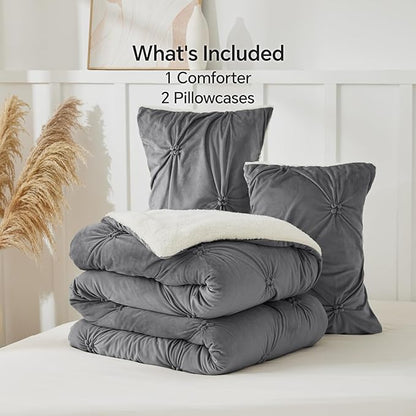 BEDELITE Pituck Fluffy Queen Comforter Set - Super Soft Sherpa Grey Comforter for Queen Size Bed, Luxury Warm Bedding Set for Winter, Fuzzy Bed Set 3 Pieces (1 Comforter, 2 Pillowcases)