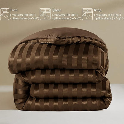 Whale Flotilla 2-Piece Reversible Silky Soft Twin Size Comforter Set, Luxury Stripe Satin Comforter Bedding Set with Satin Pillowcase, Lightweight Duvet Set for All Seasons, Brown