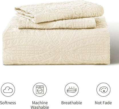 Love's cabin Quilts for Full Bed Beige Bedspread Comforters Bedding Set - Summer Lightweight Bedspread Comforter - Coin Pattern Bedding Coverlet for All Season - 3 Pieces (1 Quilt, 2 Pillow Shams)