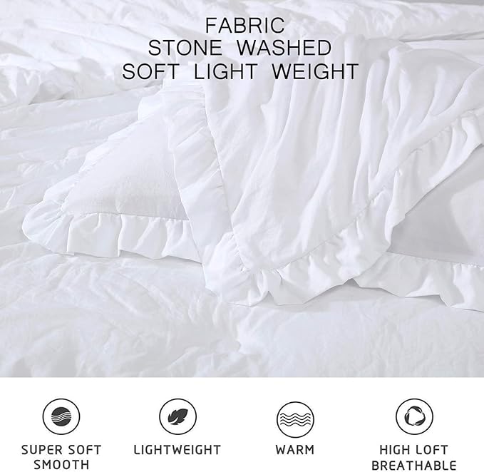 Chezmoi Collection Nora White Comforter Set Queen Size 3-Piece Lightweight Fluffy Soft Stone-Washed Ruffled Shabby Chic Bedding for All Season