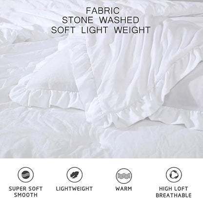 Chezmoi Collection Nora White Comforter Set Twin Size 2-Piece Lightweight Soft Stone-Washed Ruffled Shabby Chic Bedding for All Season