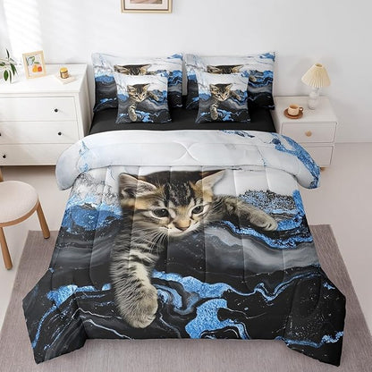 Erosebridal Blue Marbling Cat Bedding Set Watercolor Marble Printed Comforter Sets with Sheets Cartoon Cat Pet Animal Bed Set Luxuary Retro Artwork Tie Dye Bed in A Bag (Twin,7 Pieces)