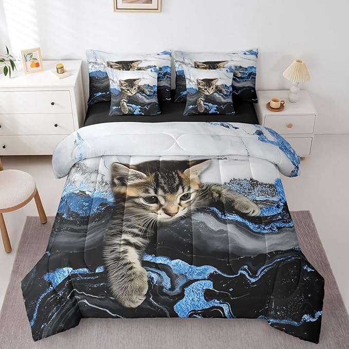 Erosebridal Blue Marbling Cat Bedding Set Watercolor Marble Printed Comforter Sets with Sheets Cartoon Cat Pet Animal Bed Set Luxuary Retro Artwork Tie Dye Bed in A Bag (Full,7 Pieces)