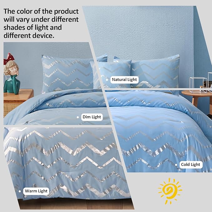Menghomeus Blue/Silver Comforter Set Queen/Full Size Metallic Print Glitter Bed Comforter Cute Shinny Bedding for Teen Girls Kids Women, 4 Piece (2 Pillowcases, 1 Decorative Pillow Sham)