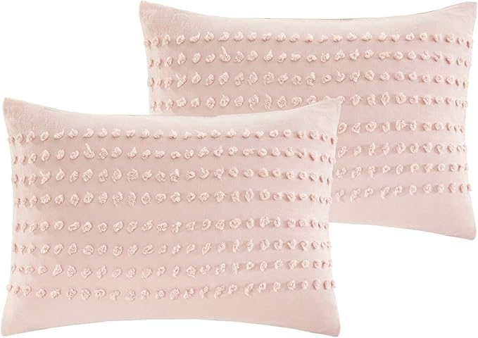 Comfort Spaces Cotton Comforter Set Jacquard Pom-Pom Tufts Design, Down Alternative, All Season Modern Bedding, Matching Shams, Twin/Twin XL, Phillips, Blush