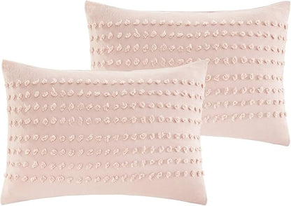 Comfort Spaces Cotton Comforter Set Jacquard Pom-Pom Tufts Design, Down Alternative, All Season Modern Bedding, Matching Shams, Full/Queen, Phillips, Blush