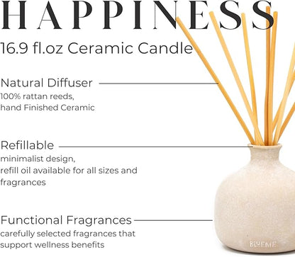 Blueme Happiness Diffuser | Yuzu & Ginger | 16.91 Fl Oz - Refillable Wellness Diffuser, Contains Essential Oil, Sustainable, Hand Finished, Premium, Luxury Ceramic, Natural Rattan Reeds | Large