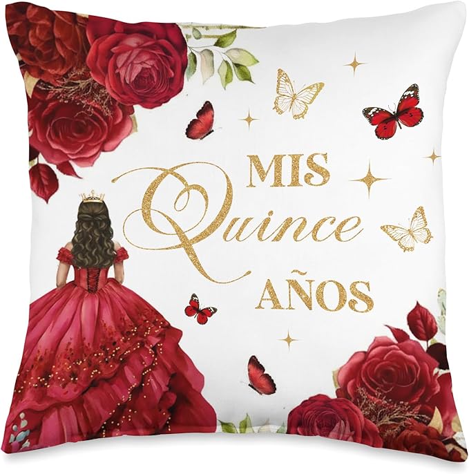 Red Roses Floral Quinceanera Mis XV Anos 15th Birthday Girl Throw Pillow