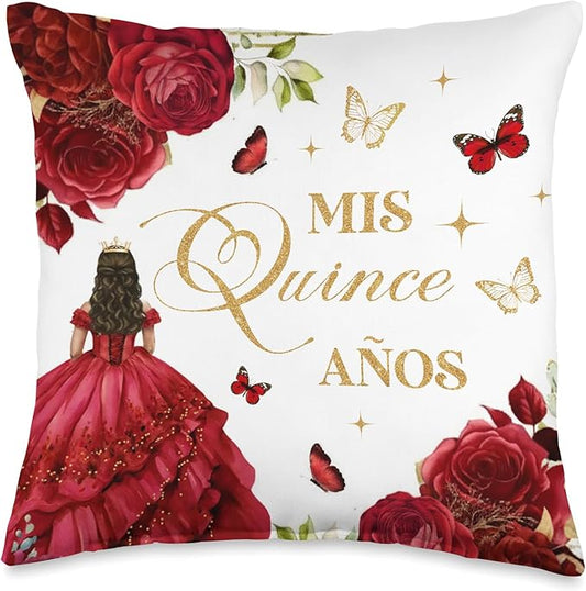 Red Roses Floral Quinceanera Mis XV Anos 15th Birthday Girl Throw Pillow