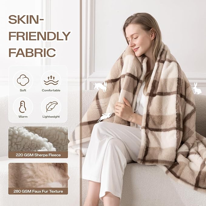 Heated Blanket Electric Throw, 50" x 60" Luxury Faux Rabbit Fur Blanket with 8 Heat Levels & 8 Hours Auto Off, Soft Cozy Sherpa Fuzzy Heating Blankets with ETL & FCC Certified, Washable, Brown Plaid