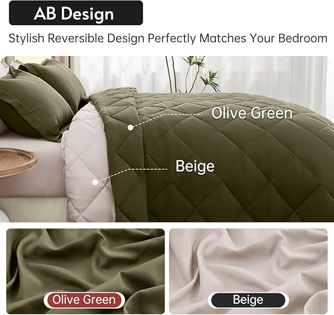 MUXHOMO 7 Pieces Full Comforter Set, Reversible Bed in a Bag Full Size, All Season Bedding Set with Comforter, Flat Sheet, Fitted Sheet, Pillowcases & Shams, Olive Green & Beige