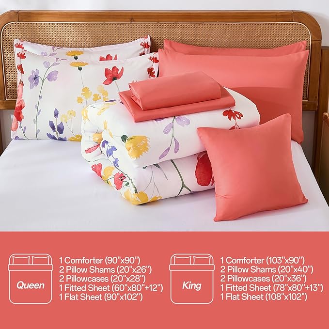 Anibedding 8Pieces King Size Comforter Set, Pink Red Watercolor Floral Queen Size Bed in a Bag Comforter Set with Pillowcase, Sheets for All Season