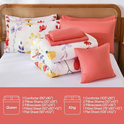 Anibedding 8Pieces King Size Comforter Set, Pink Red Watercolor Floral Queen Size Bed in a Bag Comforter Set with Pillowcase, Sheets for All Season