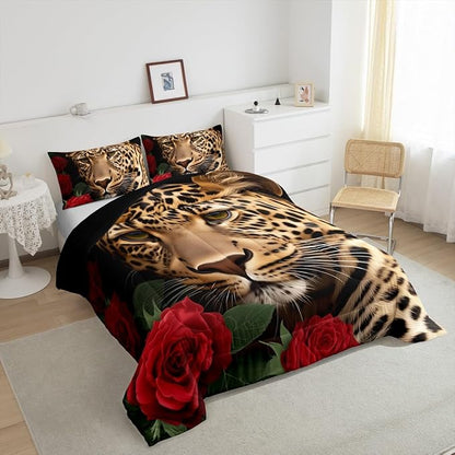 Erosebridal Red Rose Cheetah Bedding Set,Cat Leopard Print Comforter Set,Romantic Flowers Down Comforter,Animal Theme Bedroom Decor for Boys Girls Youth Men Women Female,King Size