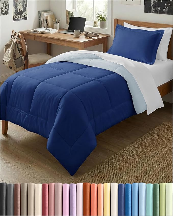 Twin XL Comforter Set - 2 Piece Bed Set for All Seasons - 1 Soft Quilted Comforter with Corner Tabs & 1 Pillow Sham - Comfy & Breathable - Premium Down Duvet Insert - Twin XL Size, Navy Blue/Sky Blue