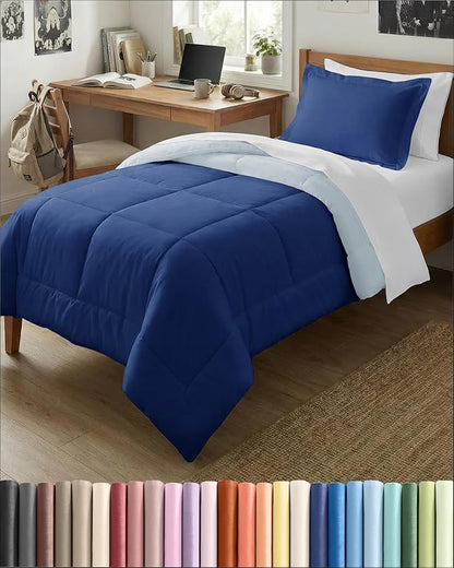 Twin XL Comforter Set - 2 Piece Bed Set for All Seasons - 1 Soft Quilted Comforter with Corner Tabs & 1 Pillow Sham - Comfy & Breathable - Premium Down Duvet Insert - Twin XL Size, Navy Blue/Sky Blue