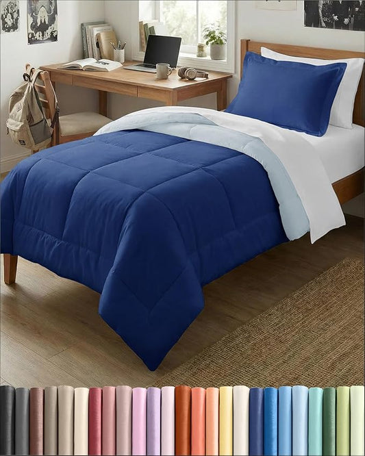 Twin XL Comforter Set - 2 Piece Bed Set for All Seasons - 1 Soft Quilted Comforter with Corner Tabs & 1 Pillow Sham - Comfy & Breathable - Premium Down Duvet Insert - Twin XL Size, Navy Blue/Sky Blue