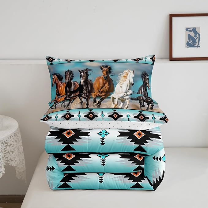Aztec Comforter Set African Tribal Horse Printed Bedding Set,Farm Animals Duvet Insert Ethnic Tribe Arrow Dream Catcher Quilt Twin,Southwest Native Exotic Nordic Style Room Decor