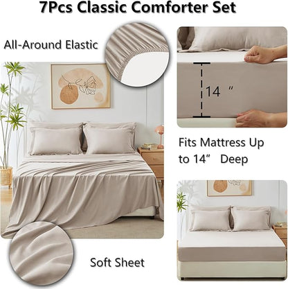 CozyLux King Size Comforter Set Linen - 7 Pieces Bed in a Bag King, Luxury Soft Bed Set for All Seasons, Bedding Set with Down Alternative Comforter, Sheets, Pillowcases & Shams