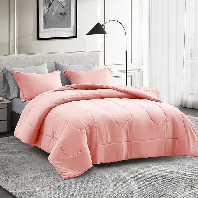Maple&Stone Queen Size Comforter Set 7 Pieces Bed in a Bag - Down Alternative Bed Set with Sheets, Pillowcases & Shams, Soft Reversible Duvet Insert for Queen Bed, Pink and Grey