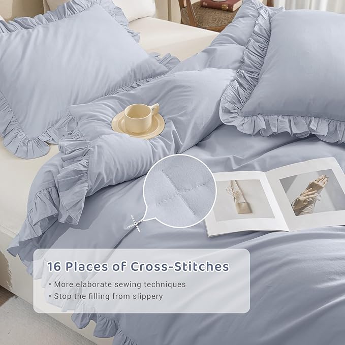 Sanracie Ruffled Bedding Comforter Sets King Size, Cotton Comforters Set 3Pcs for All Season Cornflower Blue Shabby Boho Chic Bedding French Country Farmhouse Rustic Aesthetic Bedroom Sets