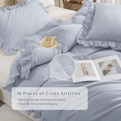 Sanracie Ruffled Bedding Comforter Sets King Size, Cotton Comforters Set 3Pcs for All Season Cornflower Blue Shabby Boho Chic Bedding French Country Farmhouse Rustic Aesthetic Bedroom Sets