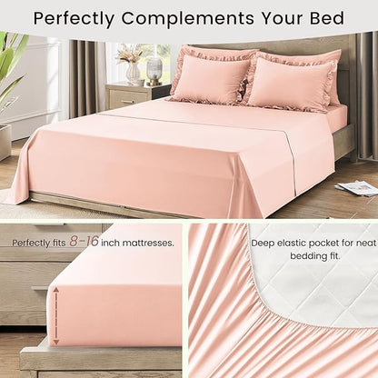 QUIETSEA Queen Bed in a Bag 7 Pieces Comforter Set Queen, Ruffle Shabby Chic Bedding Comforter Set Pink Bed Set with Comforter, Pillowcases, Flat Sheet, Fitted Sheet and Pillow Shams