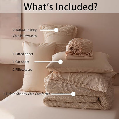 Khaki Twin Comforter Set - 7 Pieces Bed in a Bag, Premium Comforters Twin Size Bed Set Tufted Shabby Chic Bedding Comforter Set with Flat Sheet, Fitted Sheet and Pillowcases,Khaki