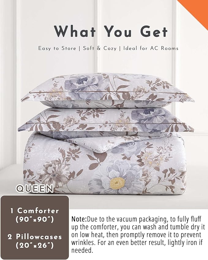 Luxurious Cotton 3pcs Floral Comforter Sets Queen Size - Light Gray Comfoter with Bluish Gray & Taupe Floral and Botanical Prints, Vintage Lightweight Bedding Sets(Queen 90"×90")