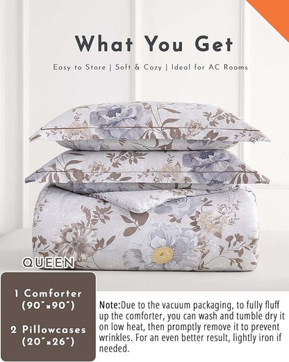 Luxurious Cotton 3pcs Floral Comforter Sets Queen Size - Light Gray Comfoter with Bluish Gray & Taupe Floral and Botanical Prints, Vintage Lightweight Bedding Sets(Queen 90"×90")
