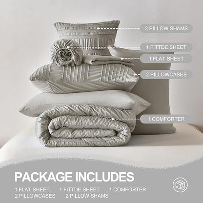 Grey Tufted Comforter Set King Size 7 Piece Bed in a Bag，Shabby Chic Boho Bedding for Bedroom Comforter，All Season Soft Microfiber Ruffle Comforter Set with Pillow and Sheets