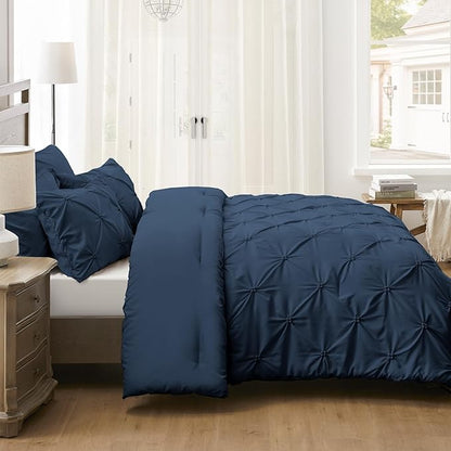 UNIKOME King Size Comforter Set Navy/Royal Blue - Ultra Soft Pintuck Down Alternative Bedding Set for All Seasons, 3 Pieces Lightweight Warm Pinch Pleat Bed Set with Comforter, 2 Pillowcases