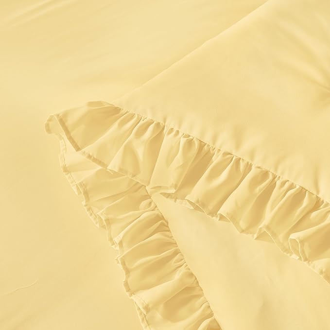 Andency Yellow Ruffle Comforter Queen(90x90Inch), 3 Pieces(1 Ruffled Comforter and 2 Pillowcases) Solid Farmhouse Shabby Chic Bed, Vintage Rustic Soft Microfiber Bedding Set
