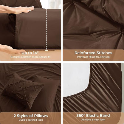 Sasttie Full Size Comforter Set, 7-Piece Bed in a Bag Double, Pintuck Bedding Set for All Season, Includes Comforter, Flat Sheet, Fitted Sheet, Pillowcases and Pillowshams, Dark Brown