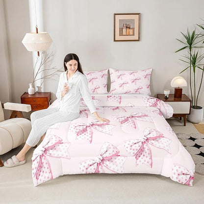 Erosebridal Girls Pink Bow Bedding Set Cute Dot Bowknot Comforter Set King Size for Kids Teen Women,Dreamy Princess Style Bedding Comforter Set Kawaii Cartoon Butterfly Knot Quilt 2 Pillow Cases