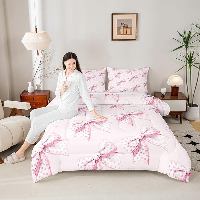 Erosebridal Girls Pink Bow Bedding Set Cute Dot Bowknot Comforter Set Queen Size for Kids Teen Women,Dreamy Princess Style Bedding Comforter Set Kawaii Cartoon Butterfly Knot Quilt 2 Pillow Cases