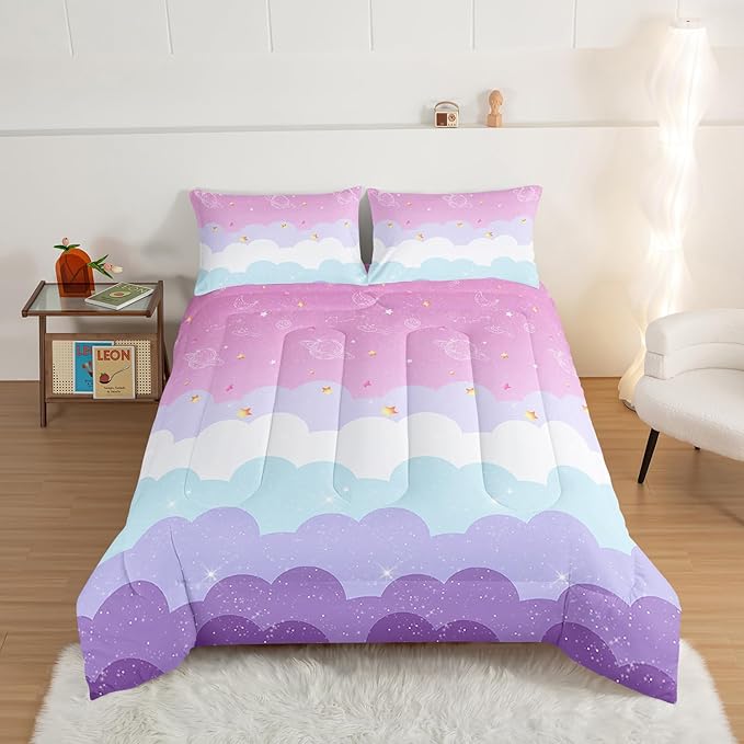 HOSIMA Galaxy Comforter Rainbow Twin Bedding Sets for Girls,Cloud Stars Twin Bed in a Bag Cute Stuff for Teen Girls Bedroom,Coquette Comforter Princess Toddler Bedding Set Kawaii Room Decor.